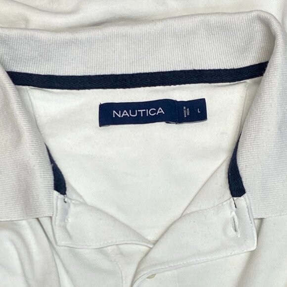 Nautica Short Sleeve Striped Band Collar Sleeve 2 Button Polo Shirt White Navy L - Picture 11 of 12